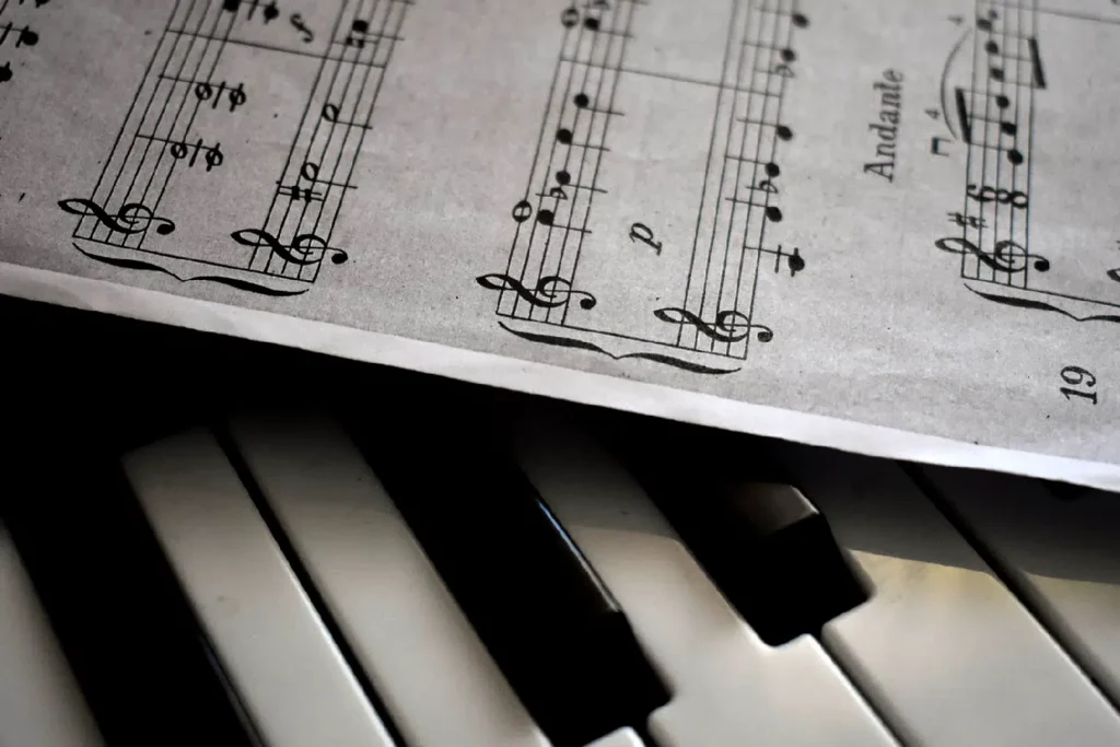 Closeup photo of piano keys with a sheet of a music score over it. Music theory article.